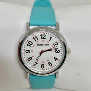 Golden hour quartz analog watch easy reader 38mm silver tone light blue running